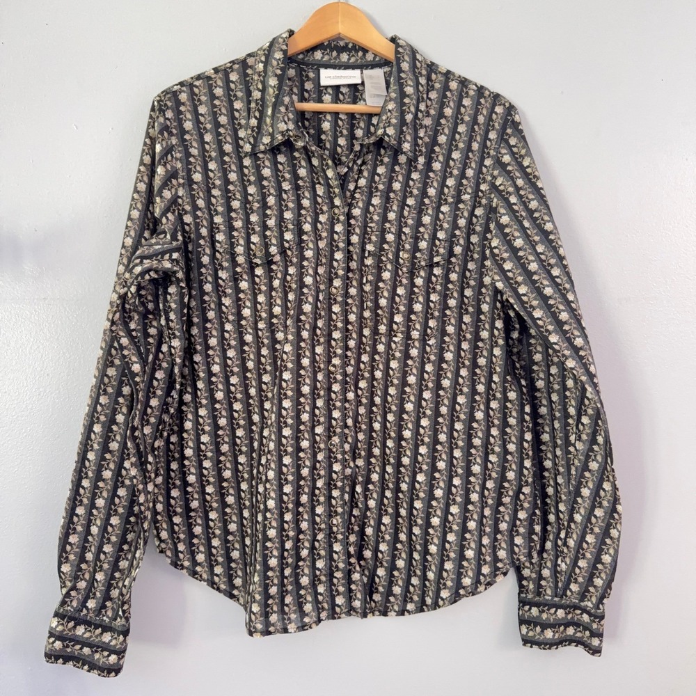 Liz Claiborne Shirt Floral Striped Western Cottagecore Snap Button Black Wmns L